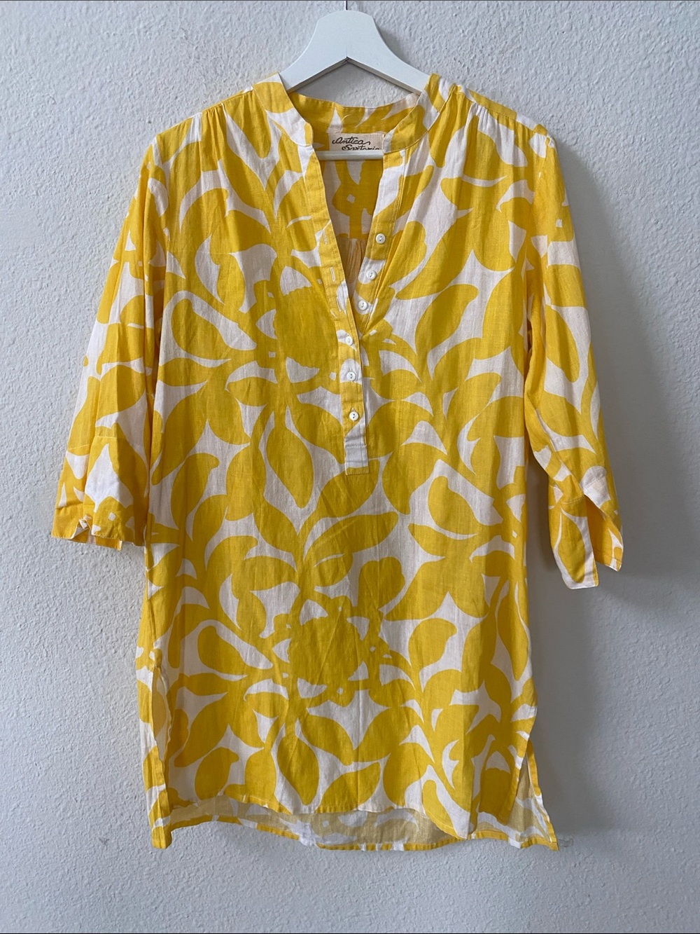 Antica Santoria Yellow and White Floral Cotton Tunic Bathing Suit Swim Cover OS